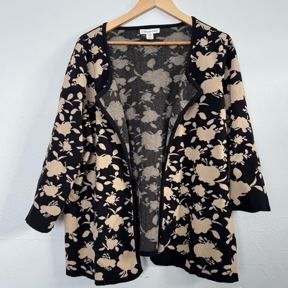 Coldwater Creek Jackets & Blazers - Coldwater Creek 2X Cardigan 3/4 Sleeve Floral Black Tan Knit Career Interview